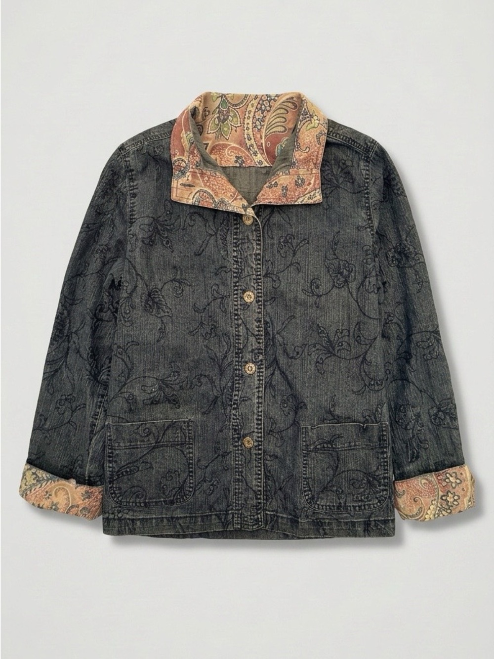Alfred Dunner Blue Washed Denim Jacket with Paisley Trim-size 16